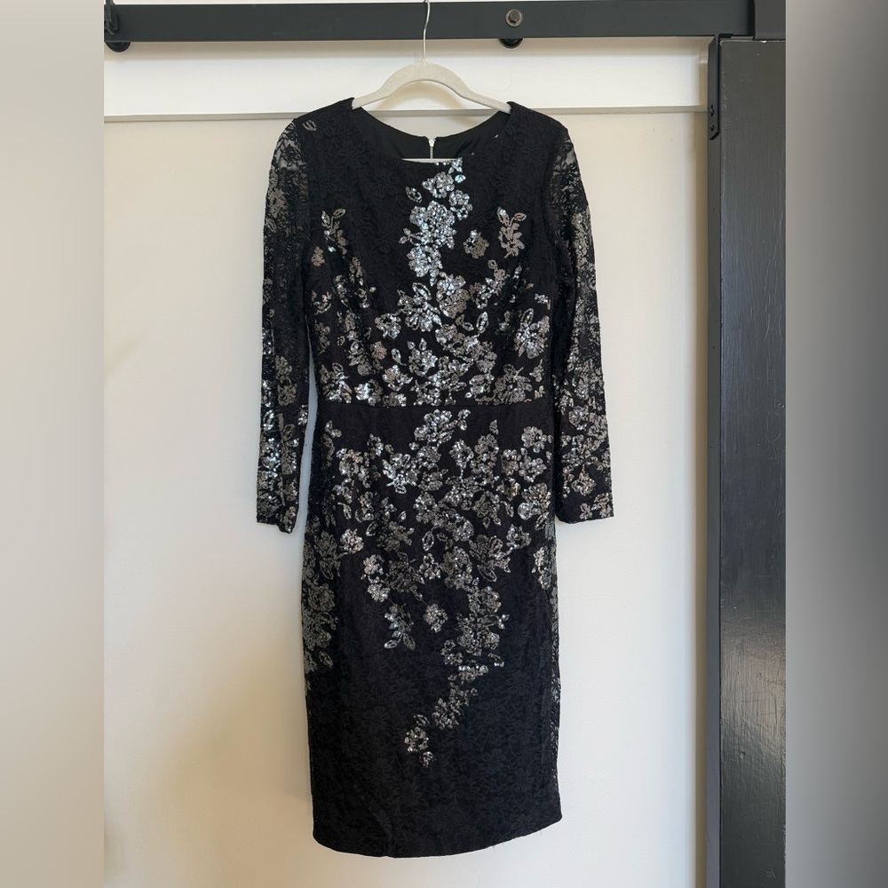Xscape Black and Silver Long Sleeve Dress - Sz 14